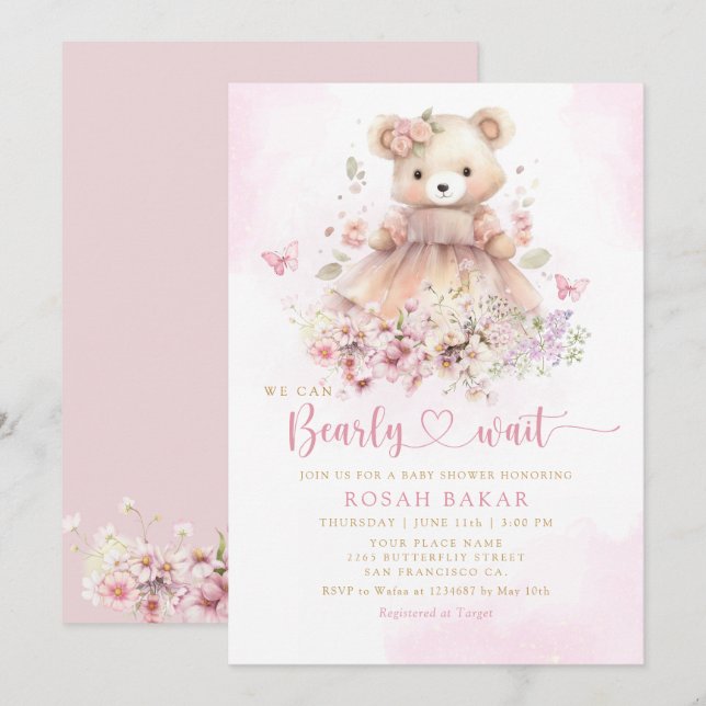 Cute Watercolor Boho Teddy Bear Girl Baby Shower Invitation (Front/Back)