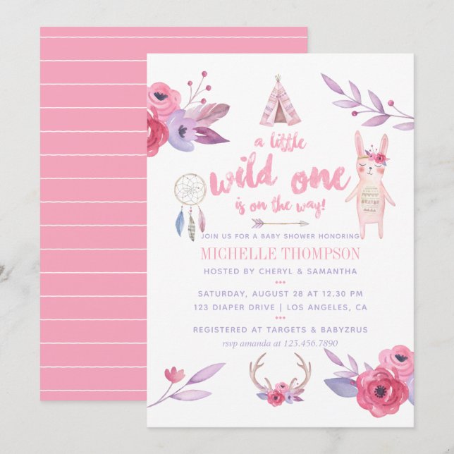 Cute Watercolor Boho Tribal Girl Baby Shower Invitation (Front/Back)