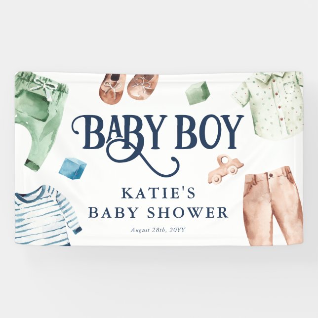 Cute Watercolor Boy Clothes BOY Baby Shower Banner (Horizontal)