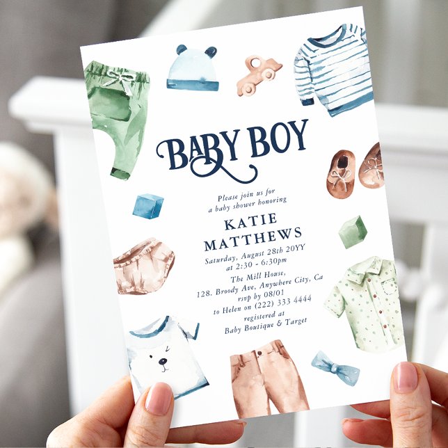 Cute Watercolor Boy Clothes BOY Baby Shower Invitation (Creator Uploaded)