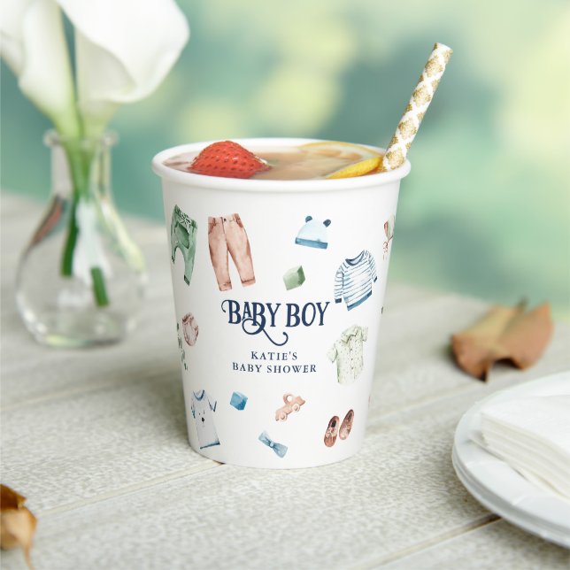 Cute Watercolor Boy Clothes BOY Baby Shower Paper Cups (Insitu)
