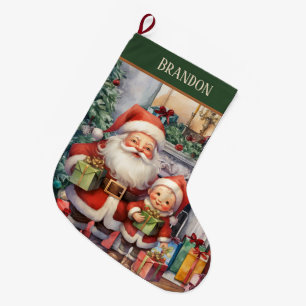 Cute watercolor boys add name Santa Large Christmas Stocking