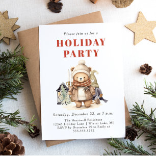 Cute Watercolor Brown Bear Holiday Party Invitation