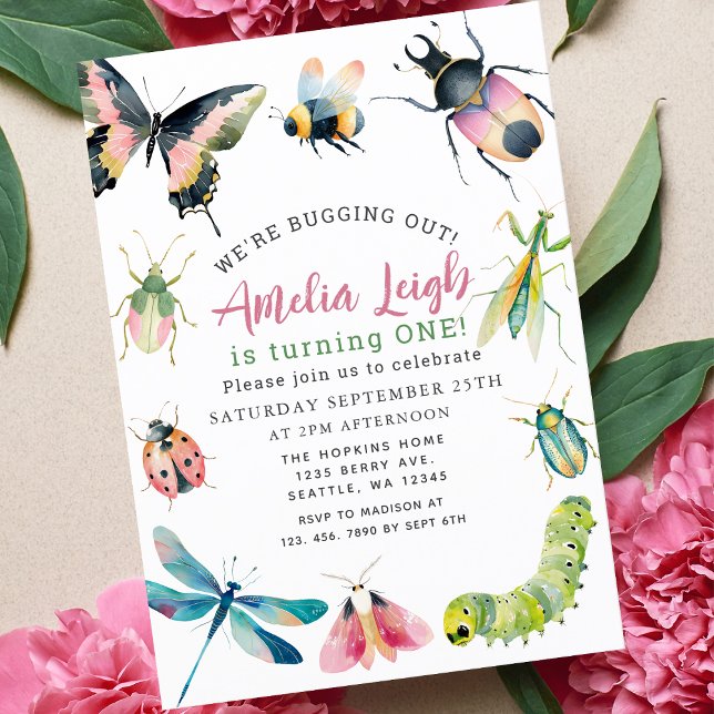 Cute Watercolor Bugs & Insects Girl 1st Birthday Invitation (Creator Uploaded)