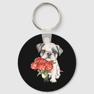 Cute watercolor bulldog puppy holding red roses rv key ring