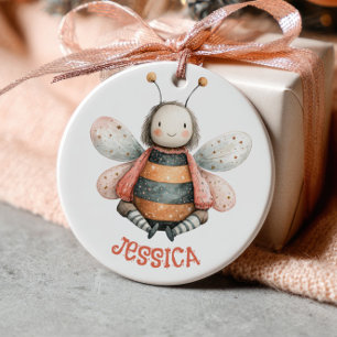 Cute Watercolor Bumble Bee with Name& Photo  Ceramic Tree Decoration