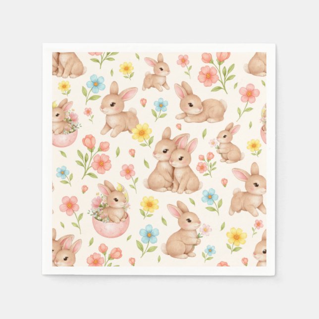 Cute Watercolor Bunnies & Flowers Pattern Napkin (Front)