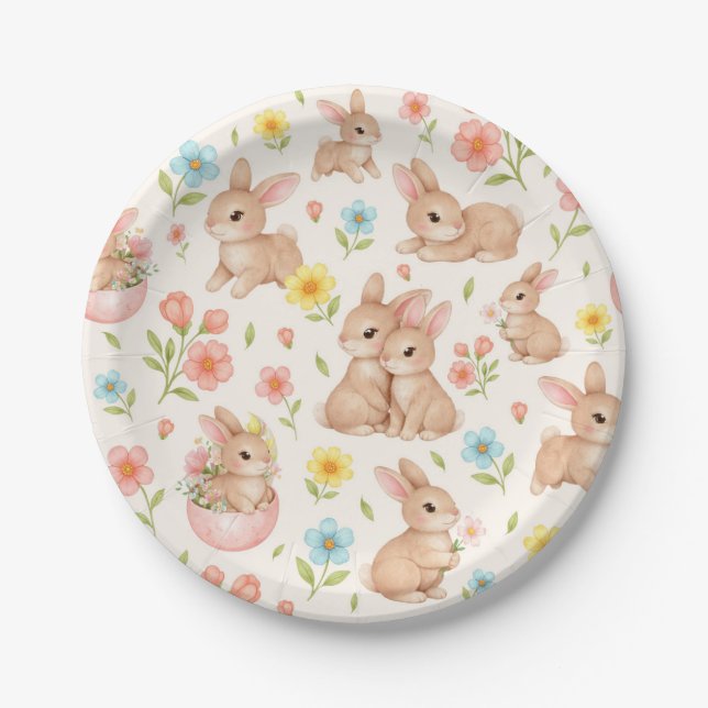 Cute Watercolor Bunnies & Flowers Pattern Paper Plate (Front)
