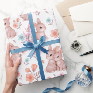 Cute Watercolor Bunnies & Flowers Pattern Wrapping Paper