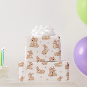 Cute Watercolor Bunnies & Flowers Pattern Wrapping Paper