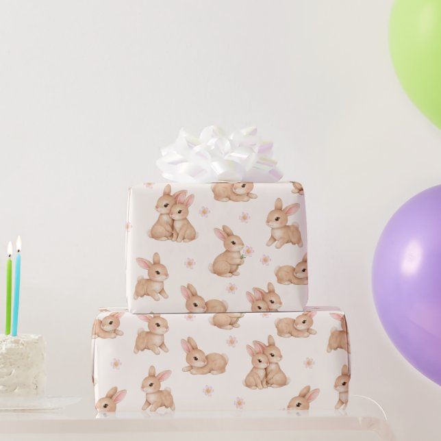 Cute Watercolor Bunnies & Flowers Pattern Wrapping Paper (Party Gifts)
