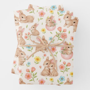 Cute Watercolor Bunnies & Flowers Pattern Wrapping Paper Sheet