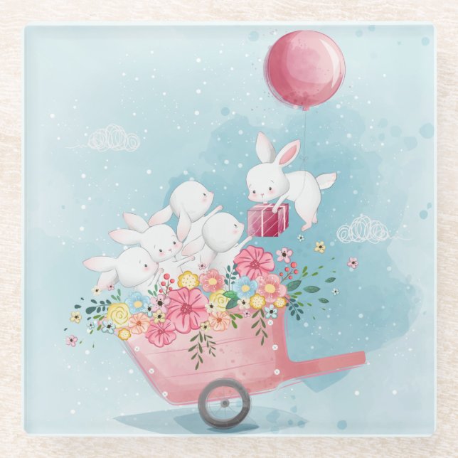 Cute Watercolor Bunnies Glass Coaster (Front)