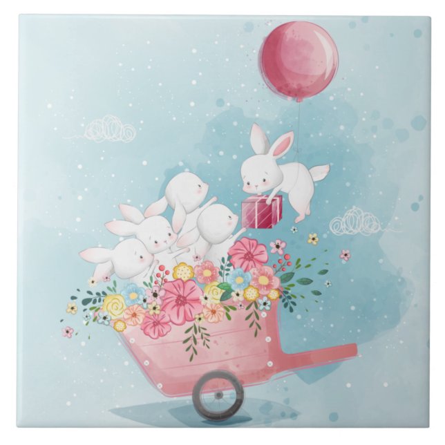 Cute Watercolor Bunnies  Tile (Front)