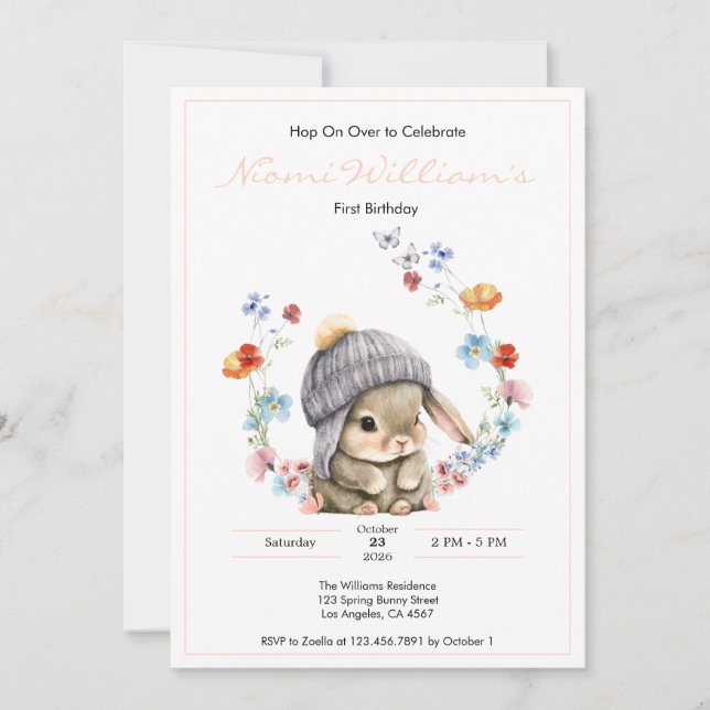 Cute Watercolor Bunny 1st Birthday Invitation (Front)