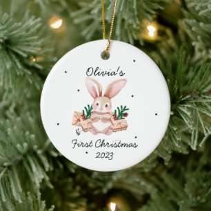 Cute  Watercolor Bunny Baby's First Christmas Ceramic Tree Decoration