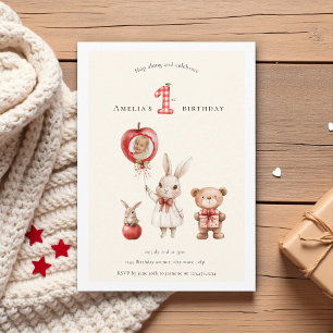 Cute watercolor Bunny Bear "1st" Birthday Invitation