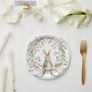 Cute Watercolor Bunny Blue Bow Baby Shower Paper Plate