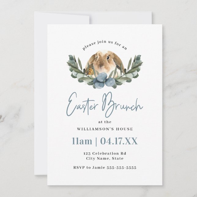 Cute Watercolor Bunny & Chic Easter Brunch Blue Invitation (Front)