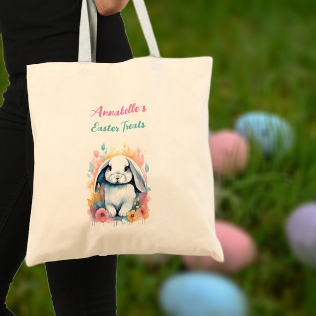 Cute Watercolor Bunny Floral Easter Egg Hunt Bag  (Creator Uploaded)
