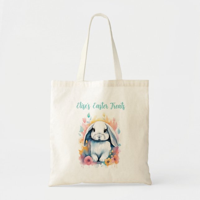 Cute Watercolor Bunny Floral Easter Egg Hunt Bag  (Front)