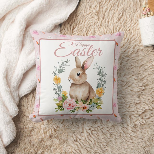 Cute Watercolor Bunny Floral Wreath Easter Cushion (Blanket)