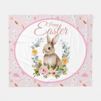 Cute Watercolor Bunny Floral Wreath Easter Fleece Blanket