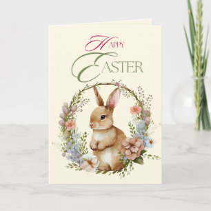 Cute Watercolor Bunny Floral Wreath Easter Holiday Card