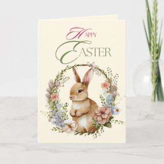 Cute Watercolor Bunny Floral Wreath Easter Holiday Card