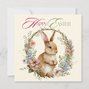 Cute Watercolor Bunny Floral Wreath Easter Holiday Card