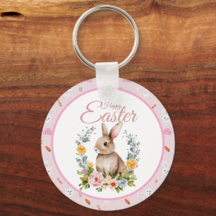 Cute Watercolor Bunny Floral Wreath Easter Key Ring