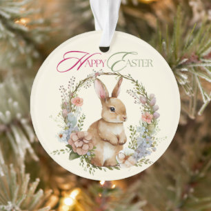 Cute Watercolor Bunny Floral Wreath Easter Ornament