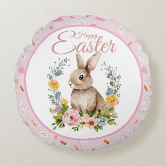 Cute Watercolor Bunny Floral Wreath Easter Round Cushion