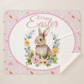 Cute Watercolor Bunny Floral Wreath Easter Sherpa Blanket