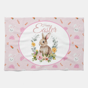 Cute Watercolor Bunny Floral Wreath Easter Tea Towel