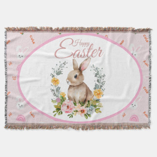 Cute Watercolor Bunny Floral Wreath Easter Throw Blanket