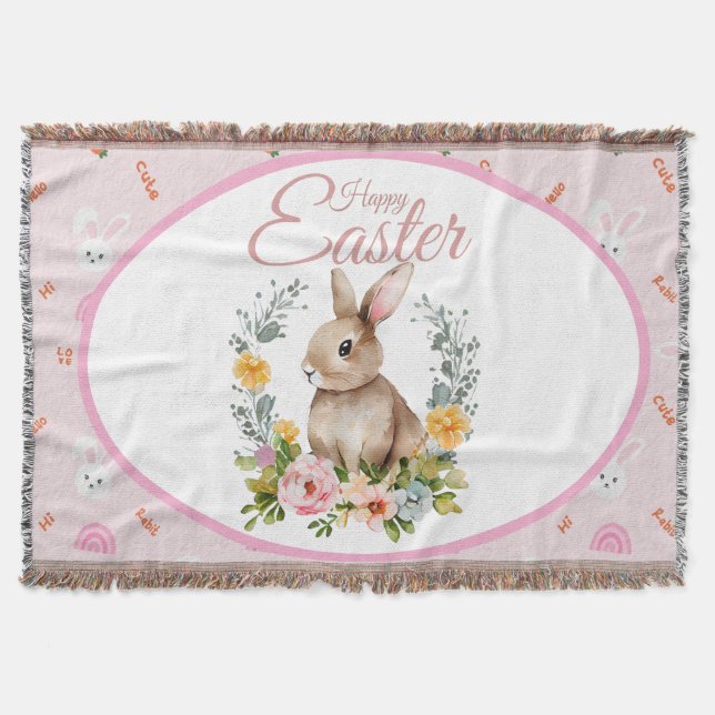 Cute Watercolor Bunny Floral Wreath Easter Throw Blanket (Front)