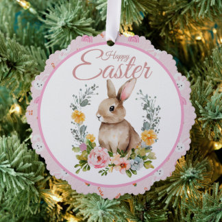 Cute Watercolor Bunny Floral Wreath Easter Tree Decoration Card