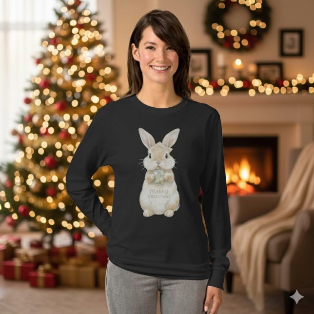 Cute Watercolor Bunny Merry Christmas T-Shirt (Creator Uploaded)