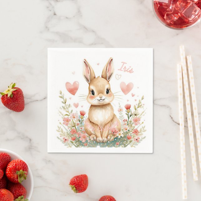 Cute Watercolor Bunny Pink Hearts Floral Woodland  Napkin (Insitu)