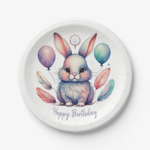 Cute Watercolor Bunny Rabbit Balloons Birthday Paper Plate