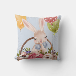 Cute Watercolor Bunny Rabbit Flowers Easter Cushion