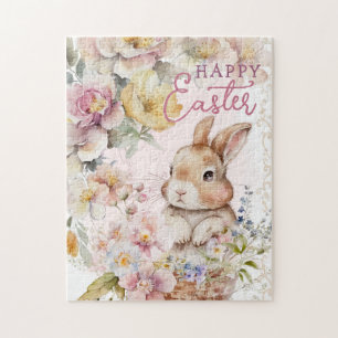 Cute Watercolor Bunny Spring Flowers Jigsaw Puzzle