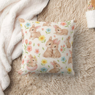 Cute Watercolor Bunny & Spring Flowers Pattern Cushion