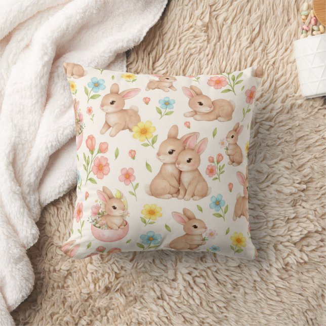 Cute Watercolor Bunny & Spring Flowers Pattern Cushion (Blanket)