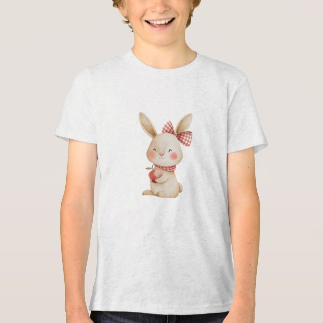 Cute Watercolor Bunny with Apple Illustration Tri-Blend Shirt (Front)