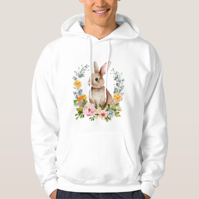 Cute Watercolor Bunny with Floral Wreath Hoodie (Front)