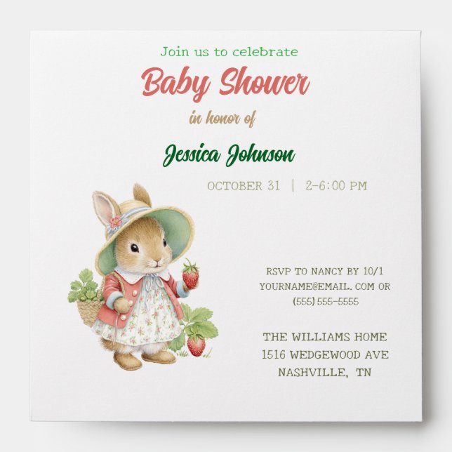 Cute Watercolor Bunny with Strawberries Envelope (Front)