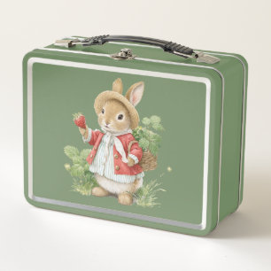 Cute Watercolor Bunny with Strawberries Metal Lunch Box