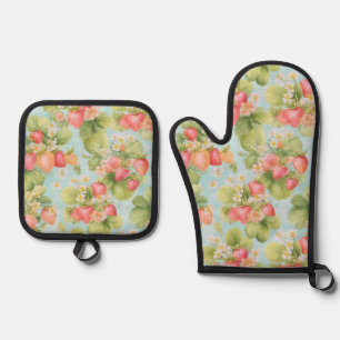 Cute Watercolor Bunny with Strawberries Oven Mitt & Pot Holder Set